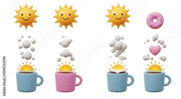 Fototapeta Morning coffee cartoon illustration set
