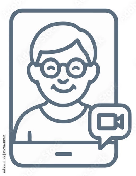 Fototapeta Flat Vector Icon of a Senior on a Video Call Displayed on a Tablet Screen. Elderly Person Communicating Online via Modern Technology in a Minimalist Digital Illustration.