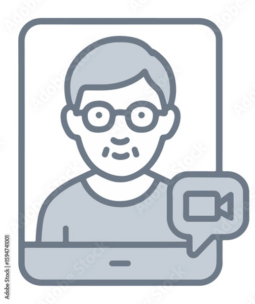 Fototapeta Flat Vector Icon of a Senior on a Video Call Displayed on a Tablet Screen. Elderly Person Communicating Online via Modern Technology in a Minimalist Digital Illustration 