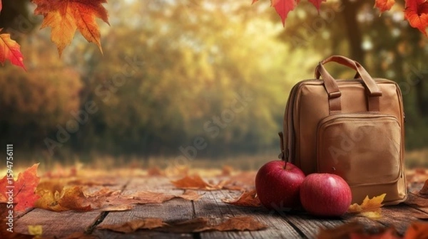 Fototapeta A brown backpack and two red apples rest on a wooden surface surrounded by colorful autumn leaves