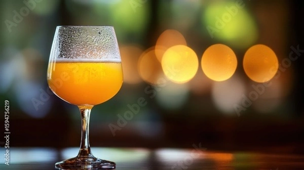 Fototapeta A cold glass of golden cider sits on a wooden surface with a blurred background of warm, glowing bokeh lights