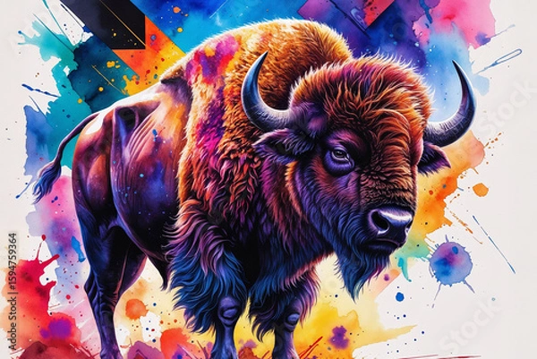 Fototapeta Vibrant watercolor illustration of a powerful bison. Dynamic splashes of colorful paint create a sense of energy and movement against a clean white background.