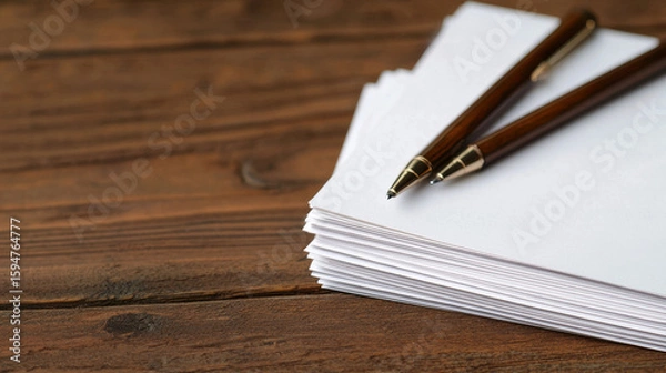 Fototapeta Blank sheets of paper stacked on wooden table with two elegant pens resting on top, perfect for writing or note taking