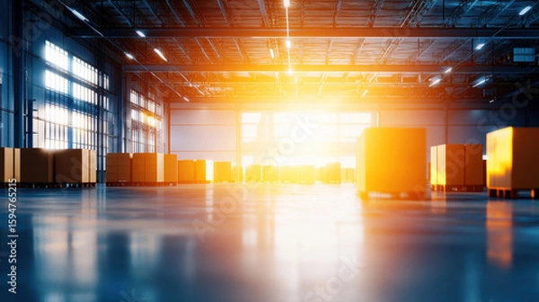 Fototapeta Spacious warehouse with large windows, filled with sunlight, showcasing stacked boxes on pallets, creating warm atmosphere