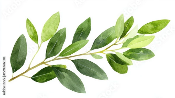 Fototapeta Watercolor botanical illustration of green leaves on branch, showcasing various shades of green and natural aesthetic