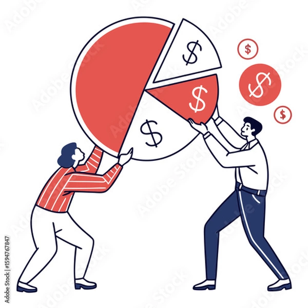 Obraz Two People Collaboratively Lifting a Large Pie Chart Representing Financial Teamwork