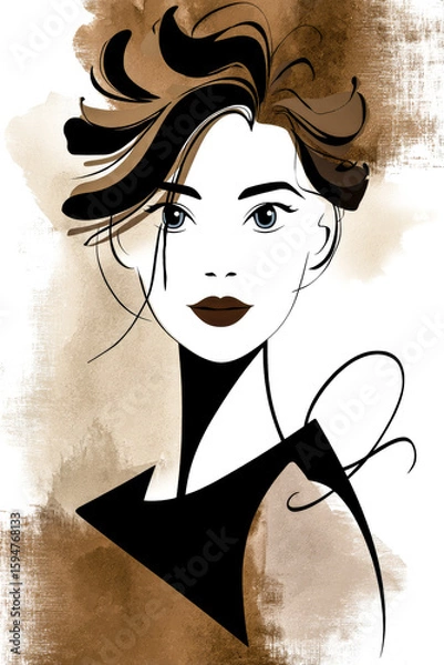 Obraz Line art portrait of a woman with expressive lines and watercolor textures.