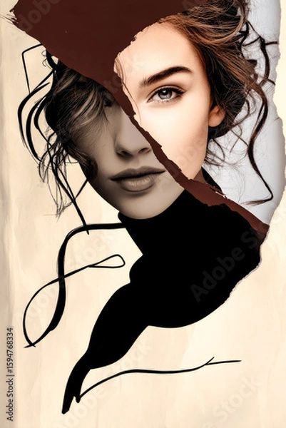 Obraz Mixed media portrait of a woman with torn paper effect.