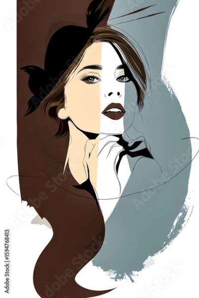 Obraz A conceptual illustration of a woman's portrait with a dynamic split-face design and contrasting abstract color fields.
