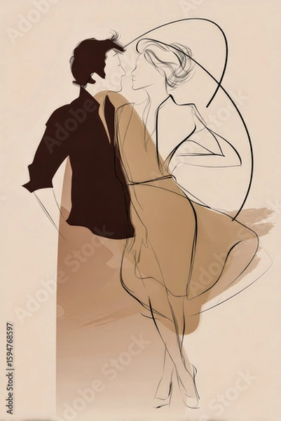 Obraz A dynamic line art drawing of a couple in motion, with expressive line art and soft color blocks to convey movement.