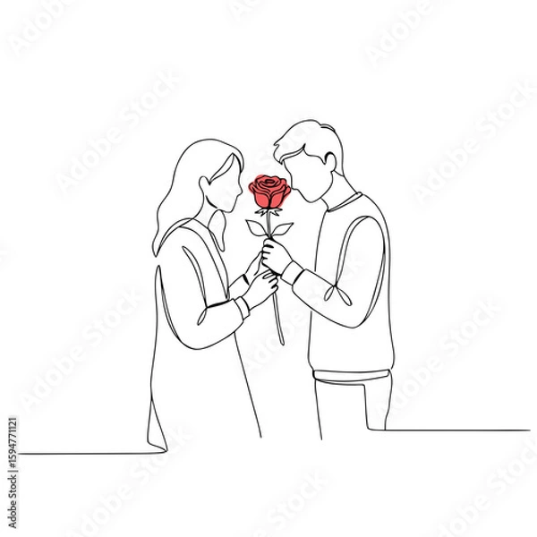 Obraz Couple holding red rose together in simple line art style  