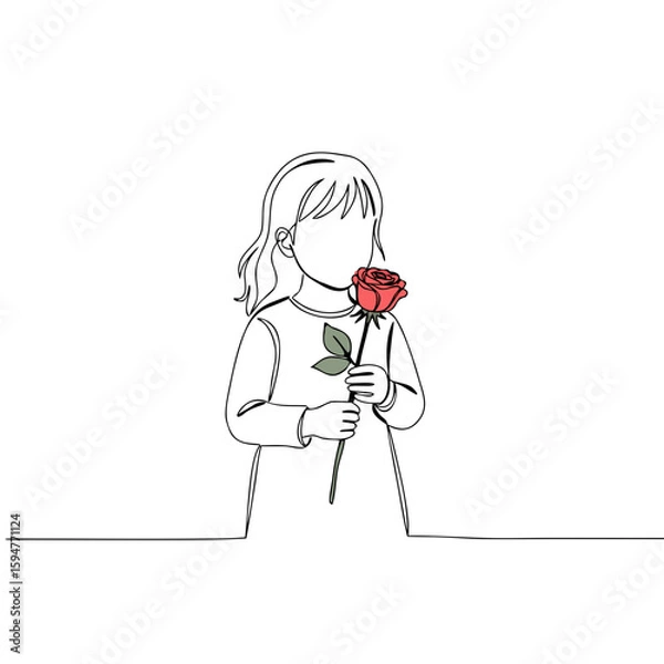Obraz Child holding a red rose while standing on a white background  