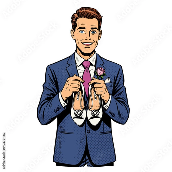 Obraz Young man in suit holding shoes and smiling in pop art style  