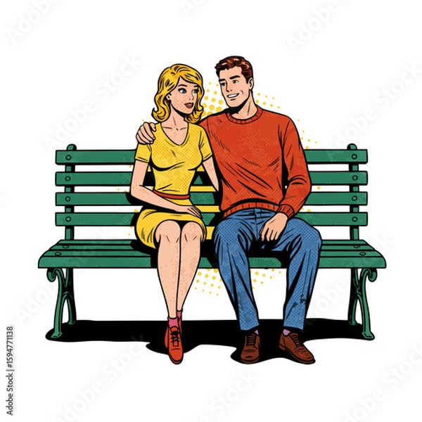 Obraz Couple sitting closely on a green bench in a casual moment  