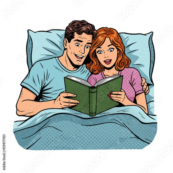 Obraz Couple reading together in bed with joyful expressions at home  