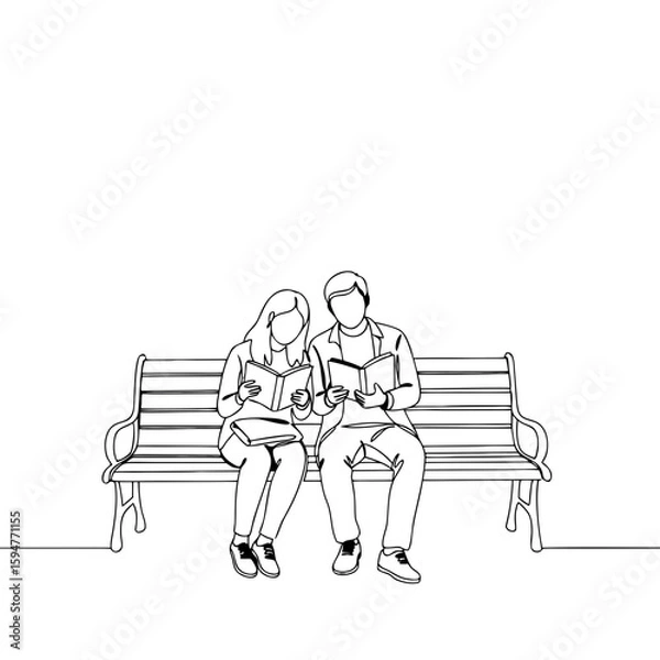 Obraz Couple reading books together while sitting on a park bench  