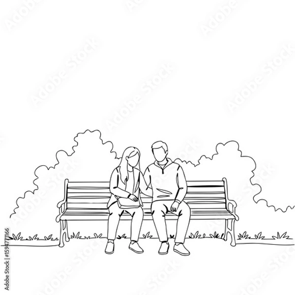 Obraz Couple sitting together on a park bench surrounded by greenery  