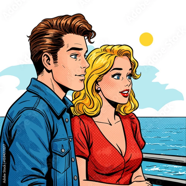 Obraz Young couple enjoying the view by the sea on a sunny day  