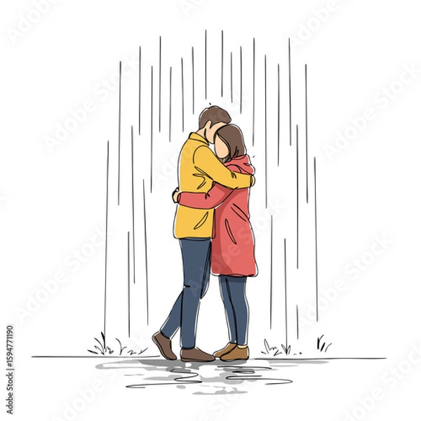 Obraz Couple embracing in the rain with colorful raincoats outdoors  