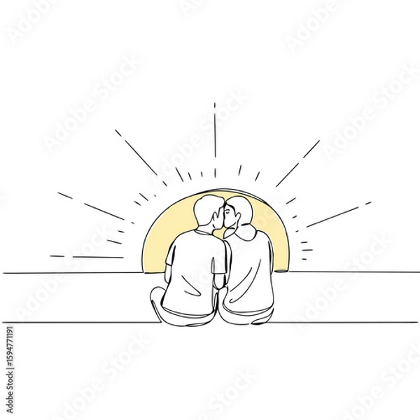 Obraz Couple kissing while sitting together at sunrise with warm light  