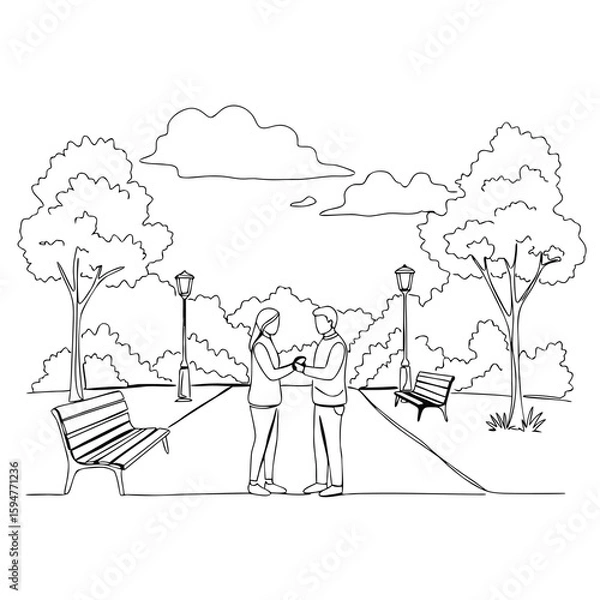 Obraz Couple exchanging proposal in park with trees and benches around  