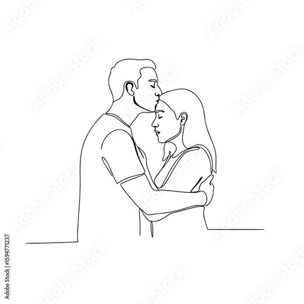 Obraz Couple embracing while sharing a kiss on the forehead in line art  