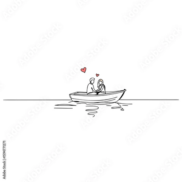 Obraz Couple enjoying a romantic boat ride on calm water with heart symbols  