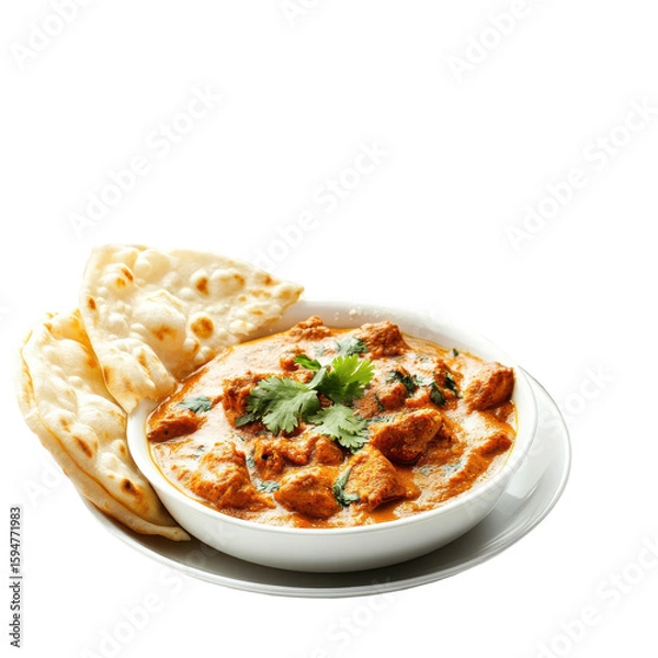 Fototapeta Creamy Chicken Curry with Naan Bread in a Bowl, Garnished with Fresh Cilantro on transparent background