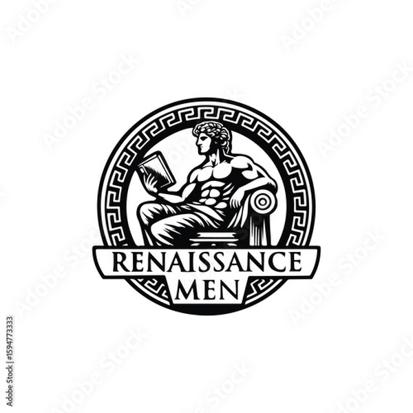 Fototapeta A bold, black and white logo illustration featuring a muscular man sitting on a classical chair while reading a book, symbolizing the fusion of strength and intellect. Designed in a classical Greek