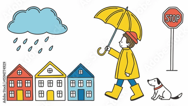 Fototapeta Cute cartoon illustration of a joyful boy in yellow raincoat and boots with an umbrella, walking on a rainy day near houses, a dog, and a stop sign.