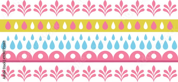 Obraz Colorful Floral Border with Raindrops and Scallops Patterned on White Backdrop