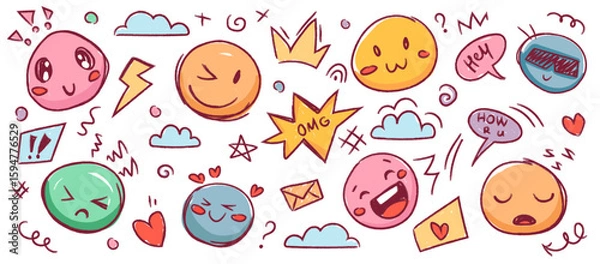 Fototapeta Colorful hand drawn doodle emoji set. Crayon scribbles with smiley face, heart, crown, underline, punctuation, speech bubble. Fun kid style charcoal marker texture, phrases. Vector illustration
