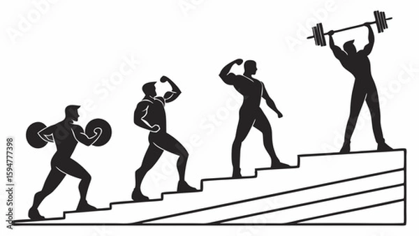 Fototapeta Dynamic black and white vector silhouette illustrating the fitness and bodybuilding progression of a man, from carrying weights to flexing and lifting a barbell overhead on stairs.