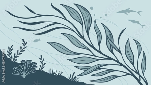 Fototapeta Serene underwater kelp forest illustration with sharks, fish, and aquatic plants in a minimalist blue and green flat design style, depicting a vibrant marine ecosystem.