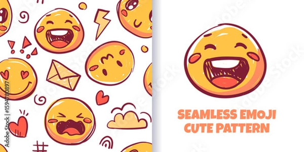 Fototapeta Cute seamless pattern of colorful hand drawn doodle emoji faces. Vector crayon scribbles with emoticons, heart, crown, underline, punctuation, speech. Perfect for wallpapers, fabrics, and backgrounds