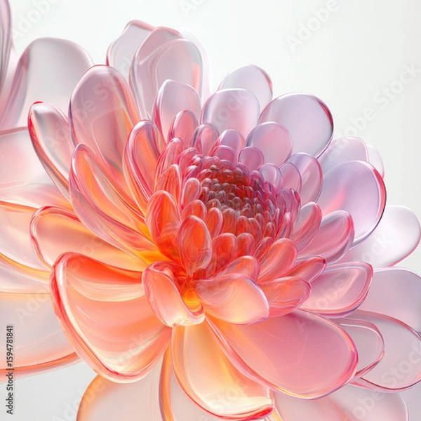 Fototapeta 3D glass flower close-up, isolated, on a white background. Delicate palette, stylish print for women's clothing, decorative element, template for a romantic postcard.