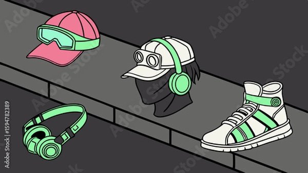 Fototapeta Isometric urban streetwear accessories collection with pink cap, green goggles, headphones, masked figure, and white high-top sneaker display