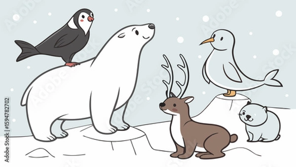 Fototapeta Adorable Cartoon Arctic Animals Digital Illustration of a Polar Bear Puffin Reindeer and Seagull With a Cub in a Snowy Winter Scene