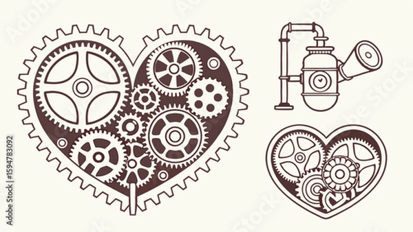 Fototapeta Steampunk Heart Gears Vector Illustration Mechanical Love Engine Design Industrial Clockwork Outline Art Vintage Retro Machine Parts Intricate Drawing Brown Line Art Set