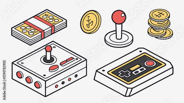Fototapeta Isometric vector illustration of retro gaming controllers, arcade joysticks, and money stacks. Classic game finance, investment, and gaming economy.