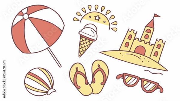 Fototapeta Vibrant summer beach vacation holiday icons set with a sandcastle umbrella ice cream sun flip flops sunglasses and beach ball in a cute simple line art style