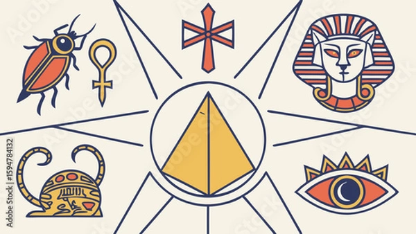 Fototapeta Vibrant Flat Design Vector Art of Ancient Egyptian Mythology Symbols featuring a Pyramid, Scarab, Ankh, Pharaoh Mask, Eye of Horus, and Bastet Cat