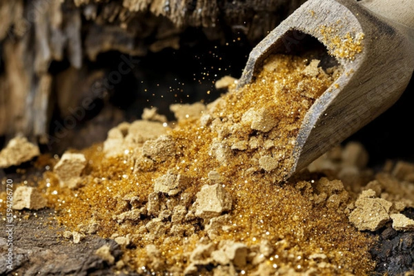 Fototapeta Vibrant golden yellow particles shimmering in a wooden scoop against a natural rustic backdrop