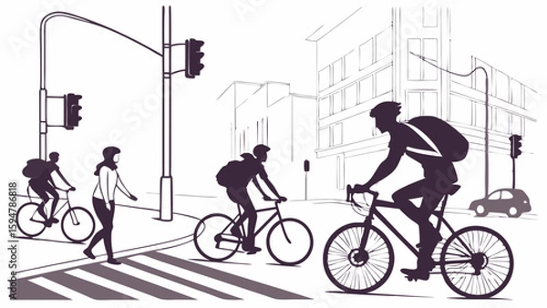 Fototapeta Silhouetted urban cyclists and pedestrians cross a city intersection with traffic lights. Monochrome line art illustration of active, sustainable city commuting.