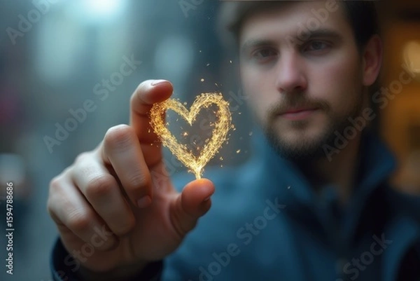 Fototapeta Man drawing with his finger a heart in wet window