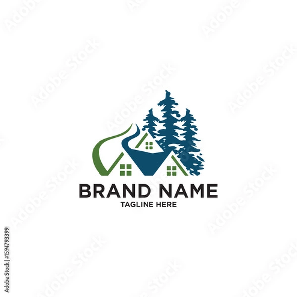 Fototapeta Mountain Cabin Logo with Evergreen Trees and Rooftop Silhouette