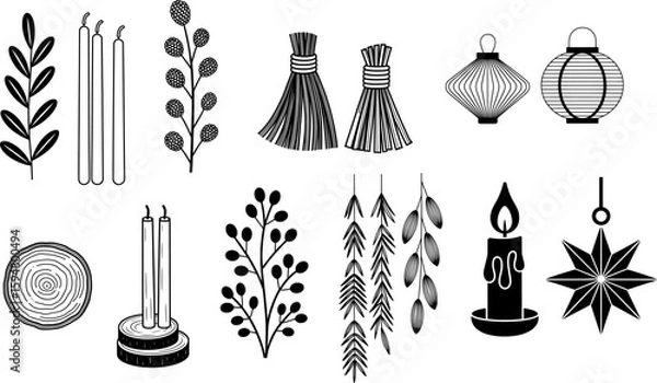 Fototapeta A refined collection of bold black silhouettes showcasing Christmas decorations, including candles, branches, ornaments, and other festive elements for holiday-themed designs.