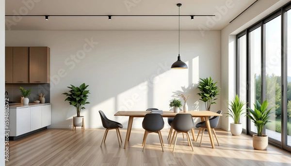 Obraz A modern dining space with a wooden table, stylish chairs, and indoor plants, ideal for gatherings and decor inspiration.