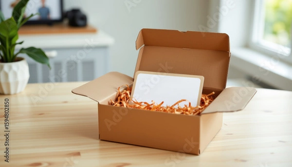 Obraz A neatly packaged box with a blank card, perfect for gifts or branding, surrounded by shredded paper.
