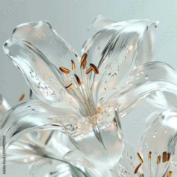 Obraz 3D glass flower close-up, isolated, on a white background. Delicate palette, stylish print for women's clothing, decorative element, template for a romantic postcard.